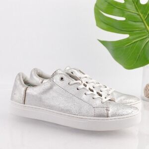 Toms Womens Lenox Sneakers Size 9.5 Silver Distressed Lace Up Shoe Comfort Sport